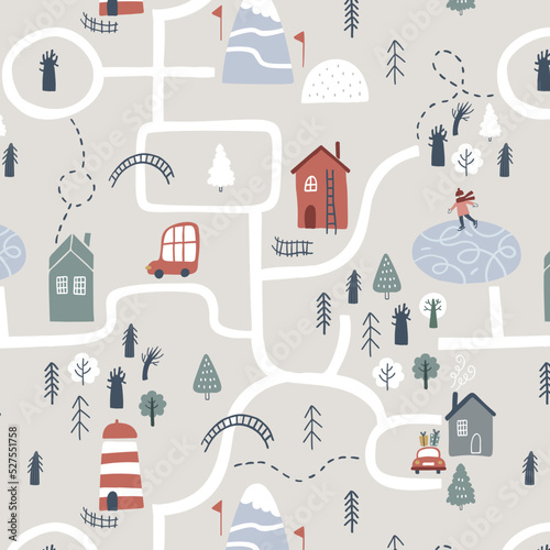 Cartoon town map. Cute childish background with houses, roads, trees, mountains, lighthouse. Vector seamless print. Kid backdrop for textile, fabric, paper, games, play mat