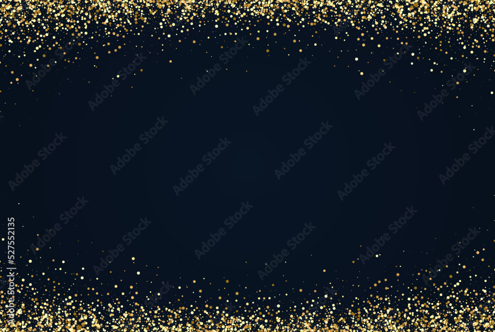 Falling particles of golden color on a dark background. Abstract design element for greeting card, New Year s invitation.