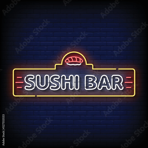 Neon Sign sushi bar with Brick Wall Background vector