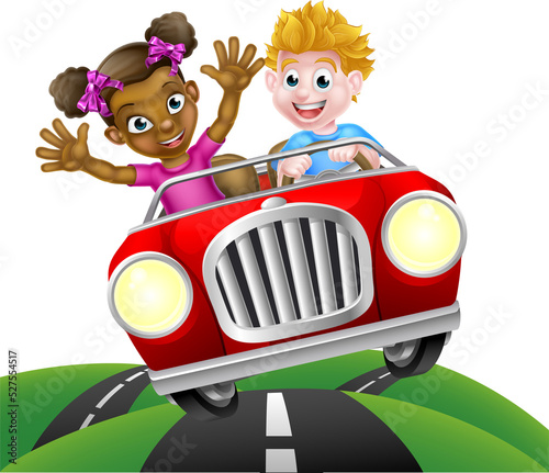 Cartoon Girl and Boy Drivin...