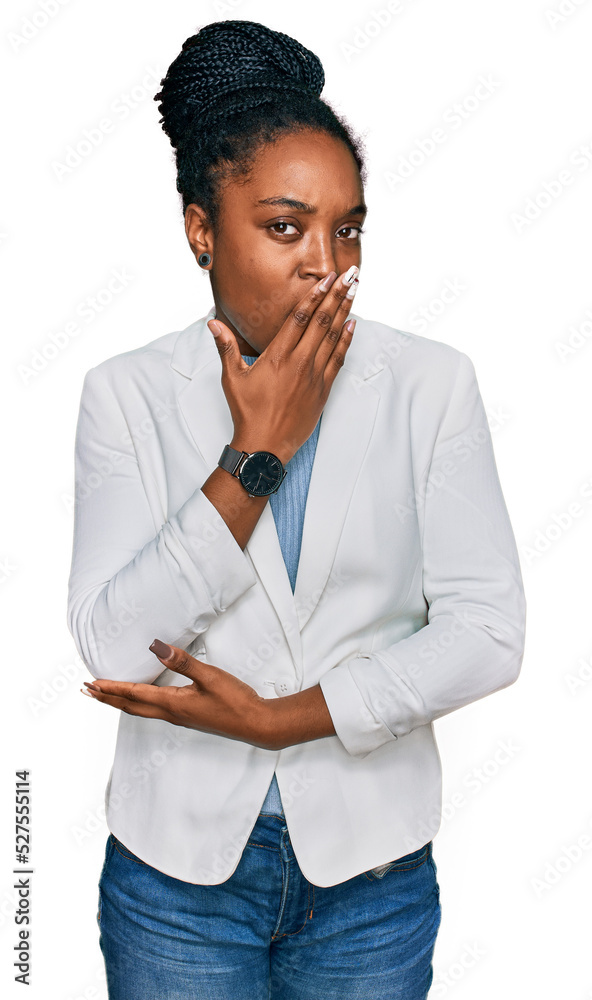 Young african american woman wearing business clothes bored yawning tired covering mouth with hand. restless and sleepiness. Young african american woman wearing business clothes bored yawning tired covering mouth with hand. restless and sleepiness.