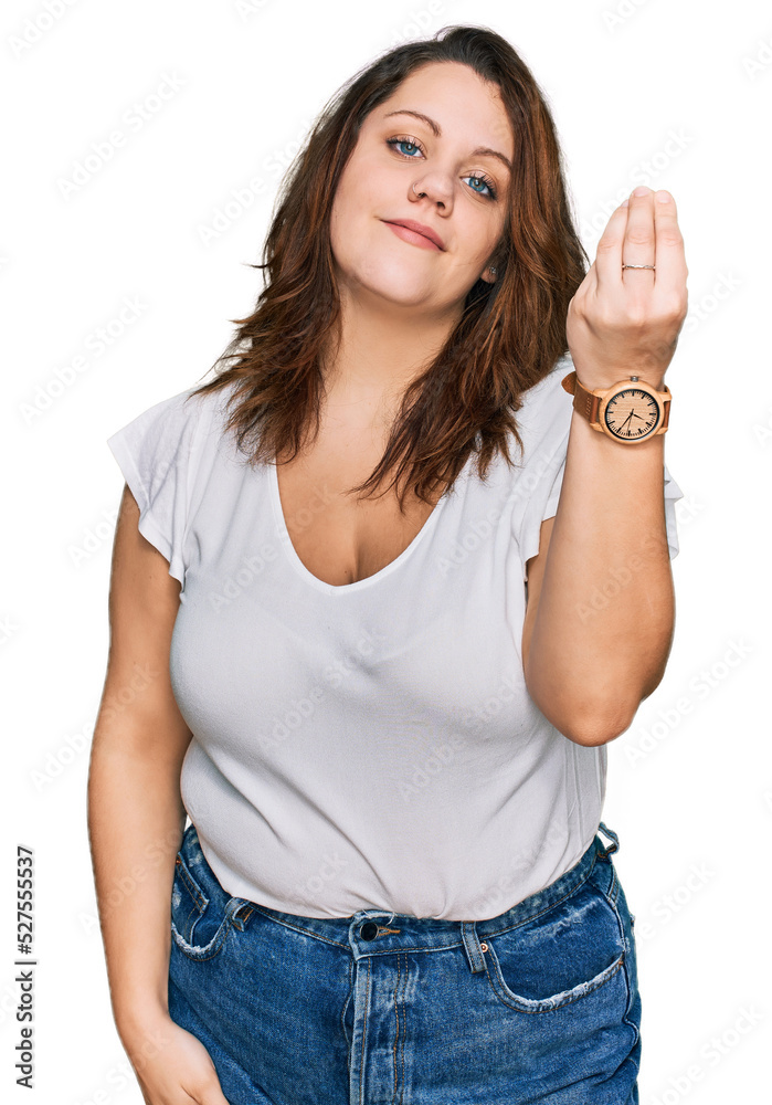 Young plus size woman wearing casual white t shirt doing italian gesture with hand and fingers confident expression Young plus size woman wearing casual white t shirt doing italian gesture with hand and fingers confident expression