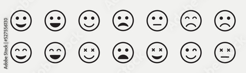 Emoticons Line Icon Set. Positive, Happy, Smile, Sad, Unhappy Faces Pictogram. Emoji faces collection. Emojis flat style. Feedback sign and symbol. Vector Illustration