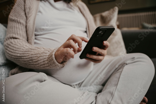 Pregnant woman sitting on the sofa on her cellphone 