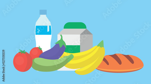 set of groceries on a blue background
