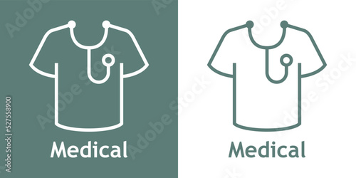 Logo de uniforme de atención médica. Silueta de estetoscopio en camiseta tipo t-shirt con líneas en fondo gris y fondo blanco