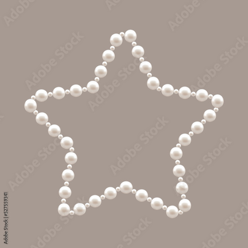 Pearl Frame. Shape of a Star. Template. Elegant Design Element for Nautical Holidays and Party. Frame for Wedding Luxury Photos and Invitations. Color Realistic Fashion style. Vector Illustration.