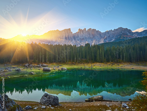 Fototapeta Naklejka Na Ścianę i Meble -  Carezza lake Lago di Carezza, Karersee with Mount Latemar, Bolzano province, South tyrol, Italy.