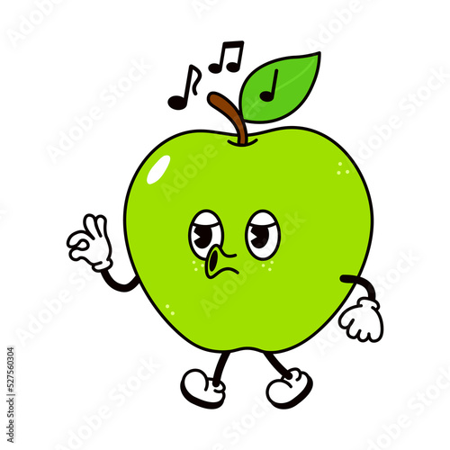 Cute funny green apple walking singing character. Vector hand drawn traditional cartoon vintage, retro, kawaii character illustration icon. Isolated white background. Green apple walk sing character