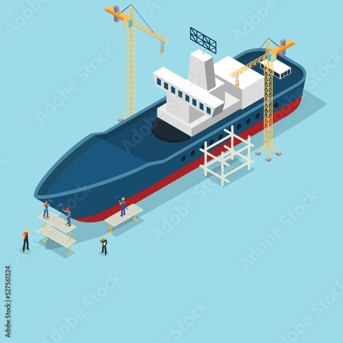 People at work building ship isometric 3d vector illustration concept for banner, website, illustration, landing page, flyer, etc.