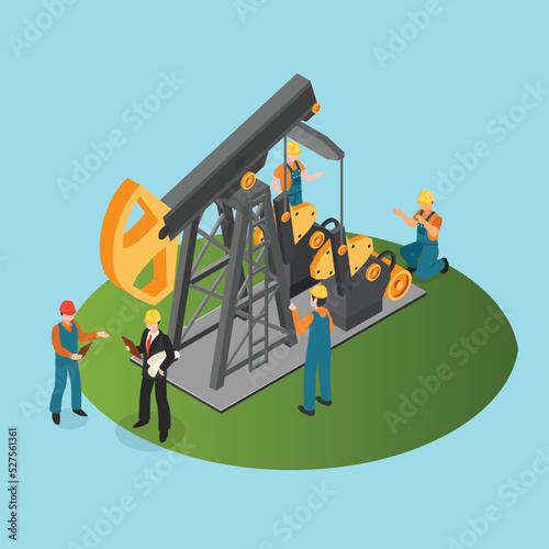Businessman and engineers working on oil rig site isometric 3d vector illustration concept for banner, website, illustration, landing page, flyer, etc.