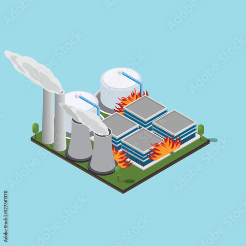 Oil refinery or factory on fire isometric 3d vector illustration concept for banner, website, illustration, landing page, flyer, etc.