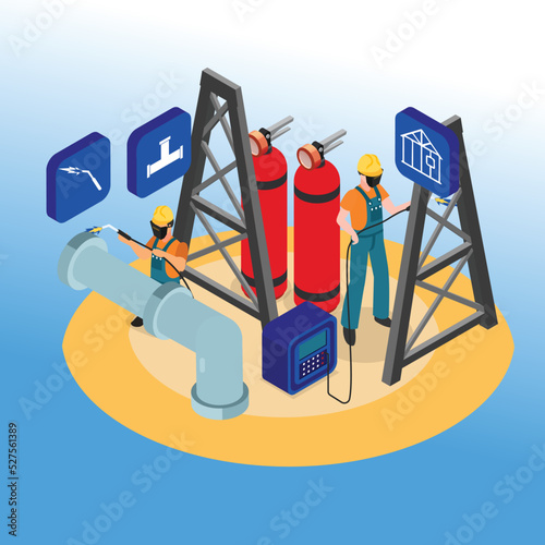 Professional welders welding a pipe and a steel frame isometric 3d vector illustration concept for banner, website, illustration, landing page, flyer, etc.