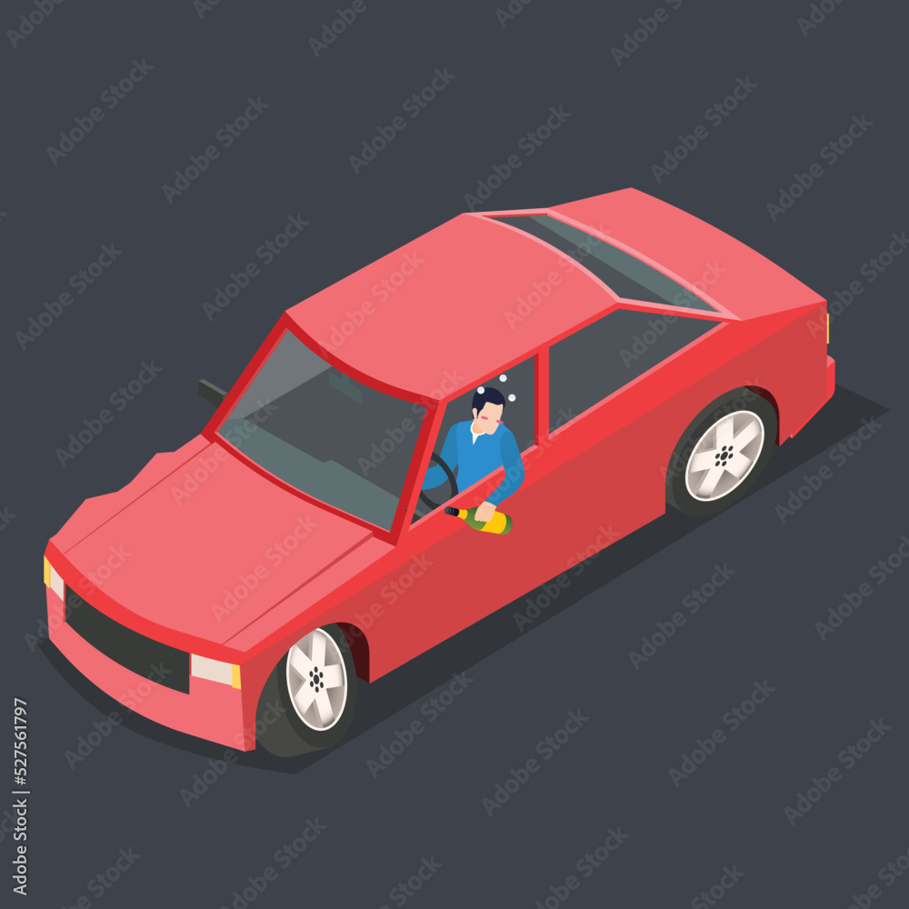 Drunk man with bottle of alcohol in a car isometric 3d vector ...