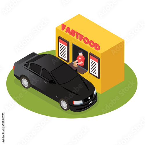 Buying Drive thru Fast food isometric 3d vector illustration concept for banner, website, illustration, landing page, flyer, etc.