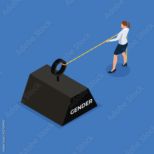 Businesswoman pulling a giant heavy weight - Gender inequality at work isometric 3d vector illustration concept for banner, website, illustration, landing page, flyer, etc.
