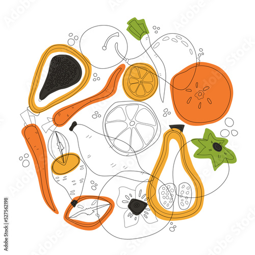 Round of vegetables  and fruits vector illustration in scandinavian style. Linear graphic. Vegetables and fruits background. Healthy food isolated on white background.