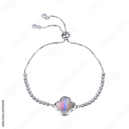 Female mother of pearl pendant with silver chain necklace isolated on white