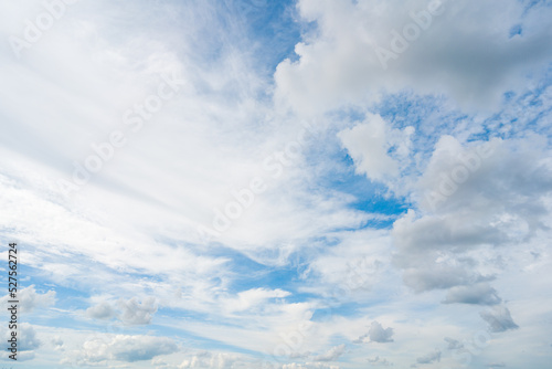 Blue sky and medium and low cumulus white clouds.