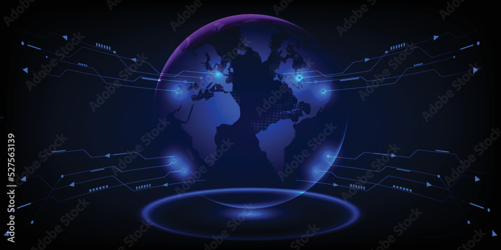 Obraz premium Vector illustrations of futuristic digital technology artwork with globe and digital element grid line circuit for advertising and game artwork.