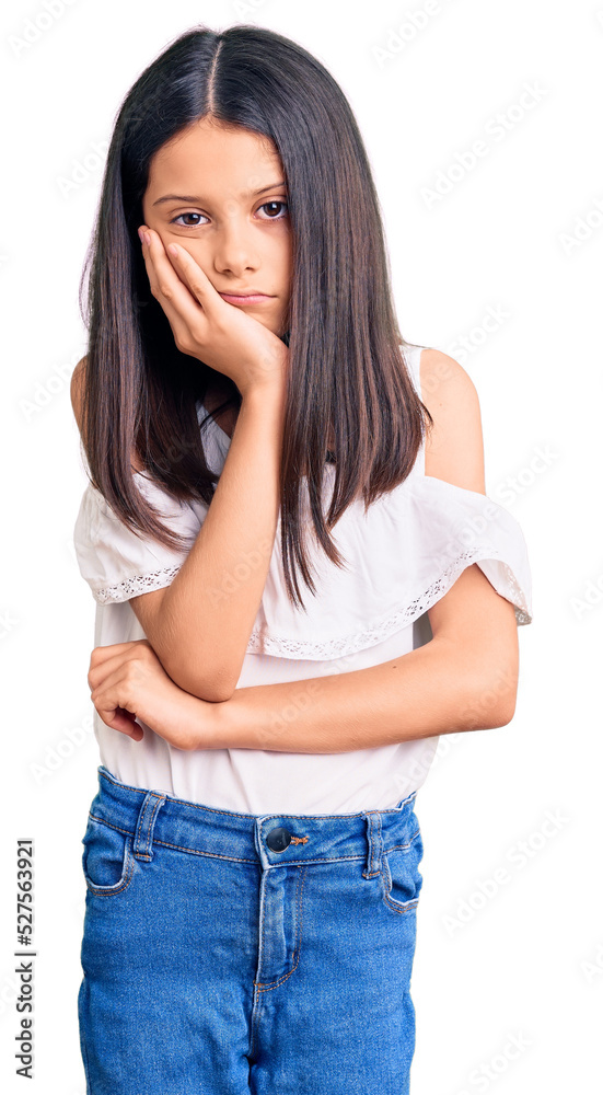 Beautiful child girl wearing casual clothes thinking looking tired and bored with depression problems with crossed arms. Beautiful child girl wearing casual clothes thinking looking tired and bored with depression problems with crossed arms.
