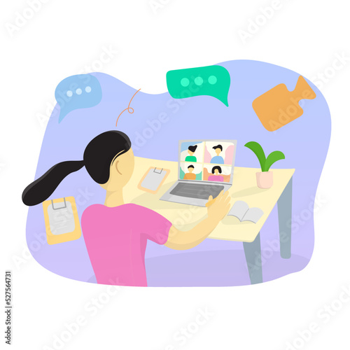 woman do online meeting virtual with laptop vector flat illustration
