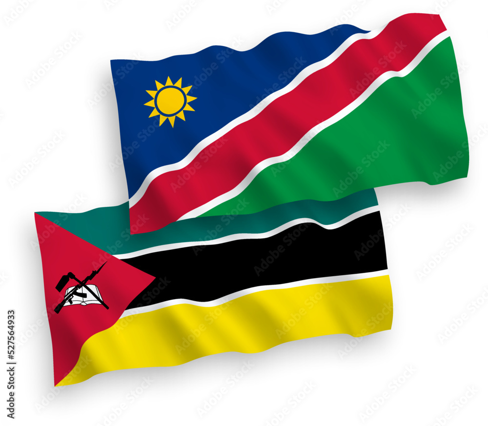 Obraz premium National vector fabric wave flags of Republic of Mozambique and Republic of Namibia isolated on white background. 1 to 2 proportion.