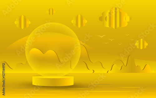 A podium, a fantastic golden landscape and geometric figures in yellow tones.
 An empty space for your design. 3d image.