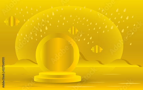 A podium, a fantastic golden landscape and geometric figures in yellow tones.
 An empty space for your design. 3d image.