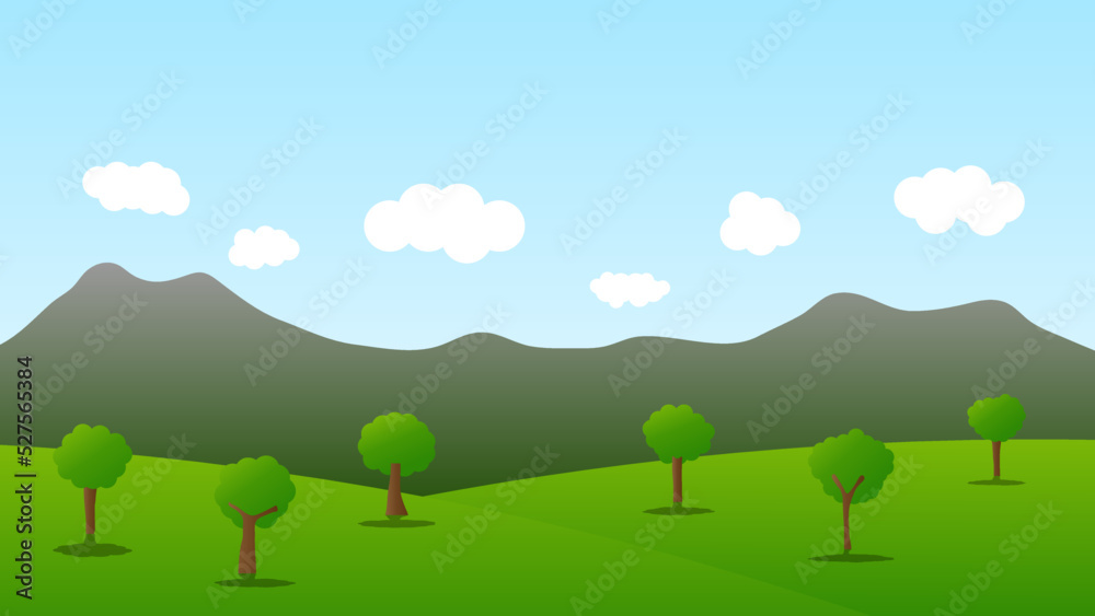 landscape cartoon scene with green tree on hill and white cloud in summer blue sky background
