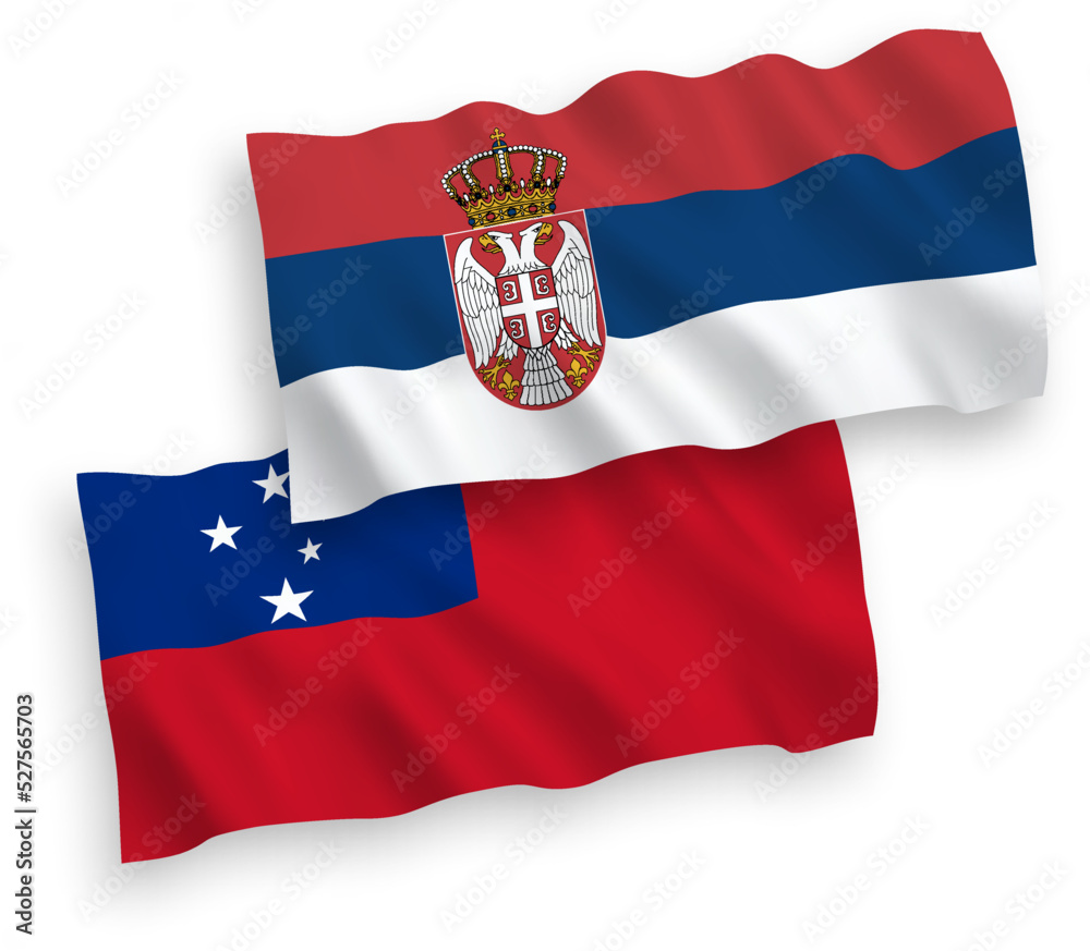 National vector fabric wave flags of Independent State of Samoa and Serbia isolated on white background. 1 to 2 proportion. National vector fabric wave flags of Independent State of Samoa and Serbia isolated on white background. 1 to 2 proportion.