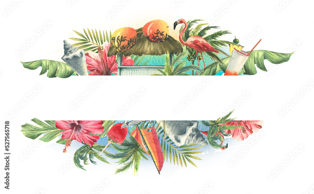 Horizontal frame with tropical plants and flowers, pink flamingo, beach bar, yacht and sunglasses. Watercolor illustration. A board from a large set of CUBA. For decoration and design of beach Horizontal frame with tropical plants and flowers, pink flamingo, beach bar, yacht and sunglasses. Watercolor illustration. A board from a large set of CUBA. For decoration and design of beach
