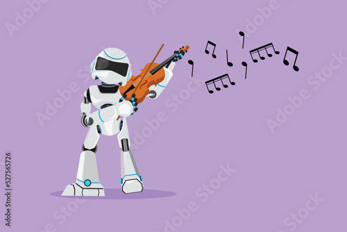 Flat cartoon style drawing active robot musician playing violin classic musical instrument. Humanoid robot cybernetic organism. Future robotic development. Graphic design character vector illustration