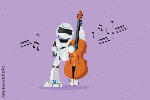 Graphic flat design drawing robot musician playing double bass or contrabassist with finger. Humanoid robot cybernetic organism. Future robotic development. Cartoon style character vector illustration