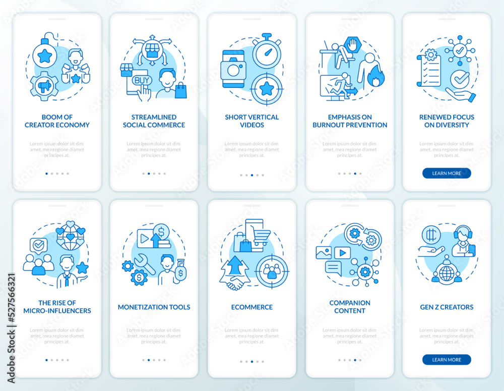 Creator economy blue onboarding mobile app screen set. Social media walkthrough 5 steps editable graphic instructions with linear concepts. UI, UX, GUI template. Myriad Pro-Bold, Regular fonts used