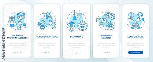 Creator economy trends blue onboarding mobile app screen. Walkthrough 5 steps editable graphic instructions with linear concepts. UI, UX, GUI template. Myriad Pro-Bold, Regular fonts used