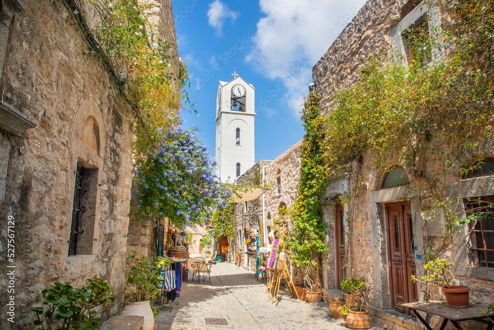 Chios Island, Greece August 27, 2022. Mesta village street view in Chios Island, Greece. The