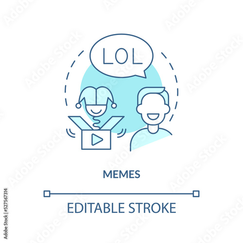 Meme turquoise concept icon. Video, static jokes. Funny content. Social media trend abstract idea thin line illustration. Isolated outline drawing. Editable stroke. Arial, Myriad Pro-Bold fonts used