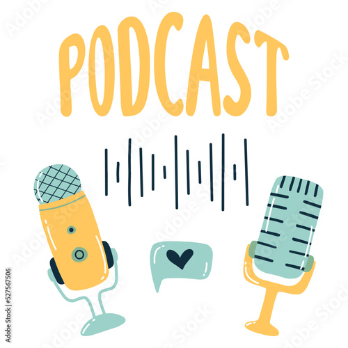 Podcast concept. Doodle style. Vector illustration. Two microphones. Broadcasting.