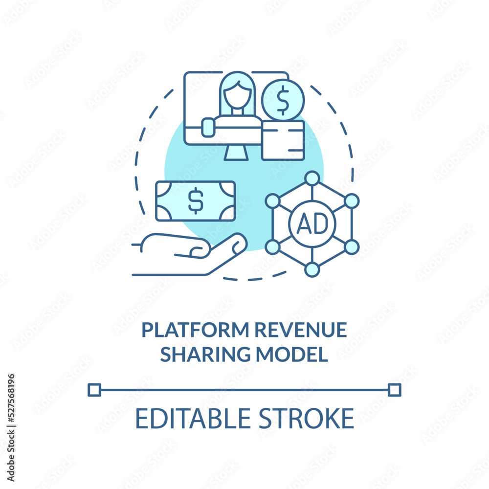 Platform revenue sharing model turquoise concept icon. Creator business model abstract idea thin line illustration. Isolated outline drawing. Editable stroke. Arial, Myriad Pro-Bold fonts used Platform revenue sharing model turquoise concept icon. Creator business model abstract idea thin line illustration. Isolated outline drawing. Editable stroke. Arial, Myriad Pro-Bold fonts used