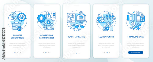 Advantages of business planning blue onboarding mobile app screen. Walkthrough 5 steps editable graphic instructions with linear concepts. UI, UX, GUI template. Myriad Pro-Bold, Regular fonts used