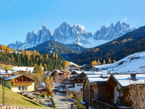  Santa Maddalena village street view in late autumn, Val di Funes valley, South Tyrol, Dolomite mountains, Northern Italy