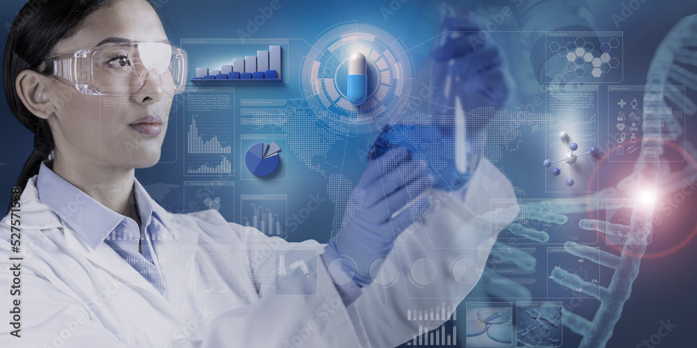 Biotech female researcher wearing lab glasses and gloves analysing