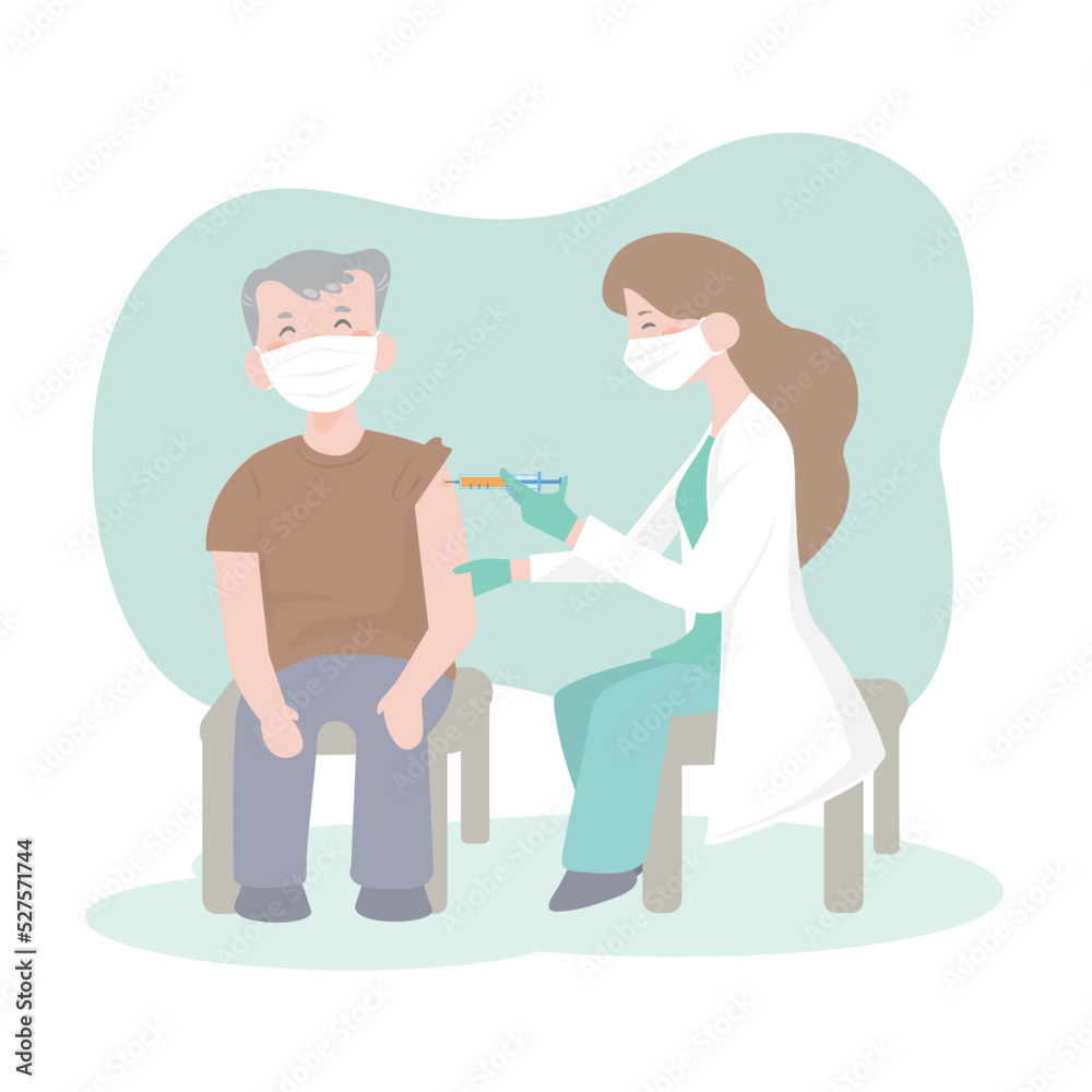 Time to vaccinate. Doctor in clinic giving vaccine to elderly people. senior man and doctor. vaccination of the elderly. flat design vector illustion.