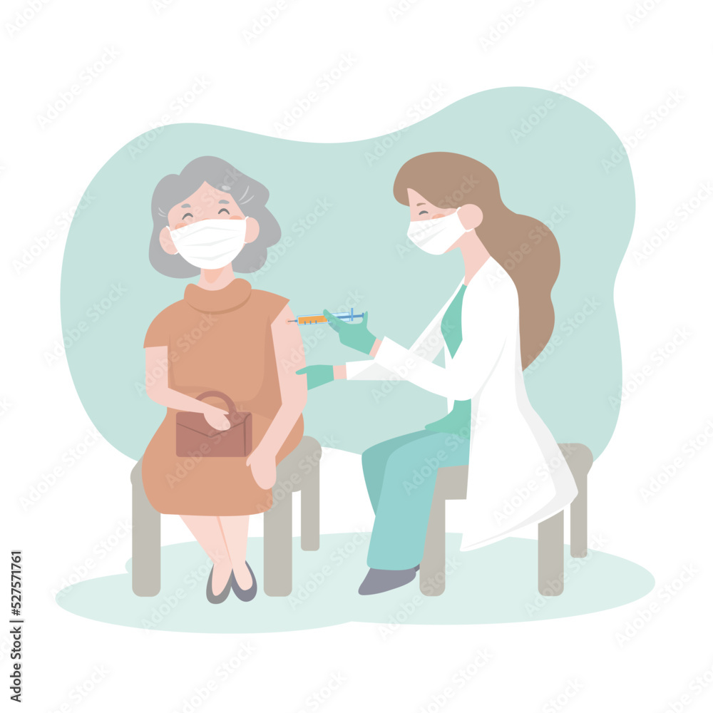 Time to vaccinate. Doctor in clinic giving vaccine to elderly people. senior woman and doctor. vaccination of the elderly. flat design vector illustion.