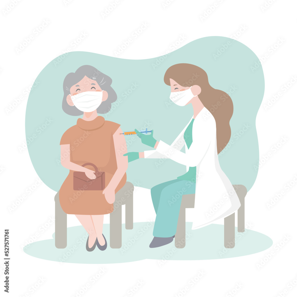 Time to vaccinate. Doctor in clinic giving vaccine to elderly people. senior woman and doctor. vaccination of the elderly. flat design vector illustion. Time to vaccinate. Doctor in clinic giving vaccine to elderly people. senior woman and doctor. vaccination of the elderly. flat design vector illustion.