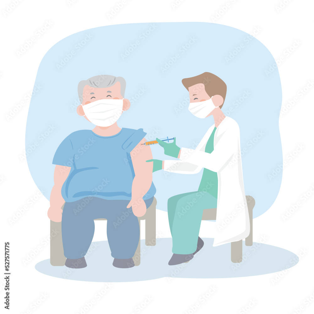 Time to vaccinate. Doctor in clinic giving vaccine to elderly people. senior fat man and doctor. vaccination of the elderly. flat design vector illustion.