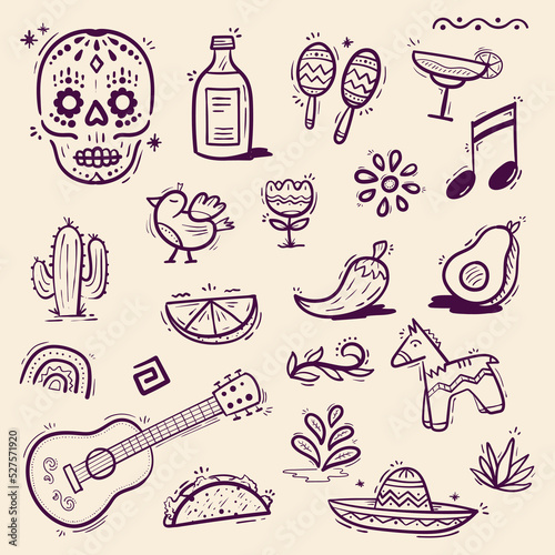 Set of Hand Drawing Mexico Icons Line Arts
