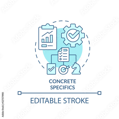 Concrete specifics turquoise concept icon. Strategy parts. Business plan key element abstract idea thin line illustration. Isolated outline drawing. Editable stroke. Arial, Myriad Pro-Bold fonts used
