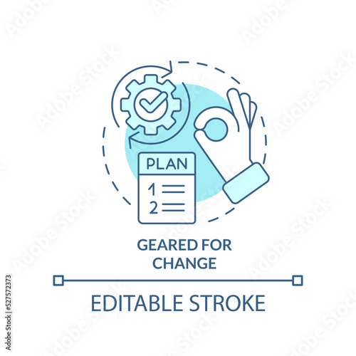 Geared for change turquoise concept icon. Flexibility. Key element of business plan abstract idea thin line illustration. Isolated outline drawing. Editable stroke. Arial, Myriad Pro-Bold fonts used